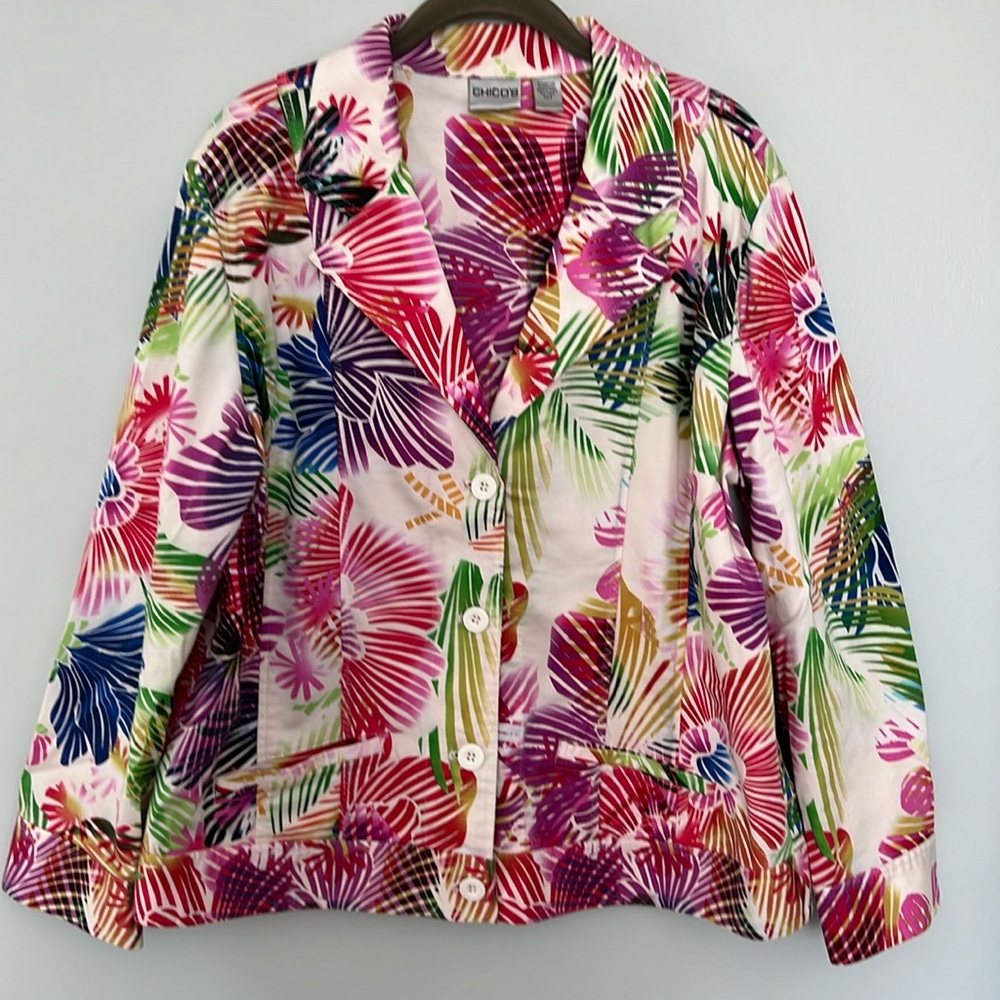 Chico’s colorful tropical palm leaves print jacket - size 3 (XL).